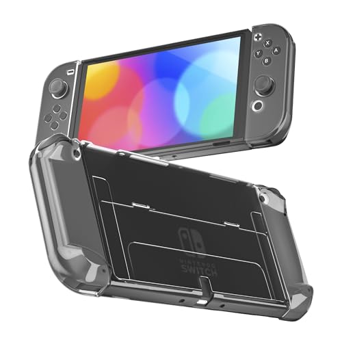 RHOTALL Funda protectora 3 en 1 negra transparente para Nintendo Switch OLED, funda acoplable para Switch OLED y controlador Joy Con, carcasa de agarre cómodo con absorción de golpes y diseño