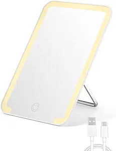 Qislee Travel Makeup Mirror with Lights, 3 Color Modes, 8 x 5 inches Desk Mirror with Foldable Stand, Touch Dimming, Perfect Travel Accessory, White