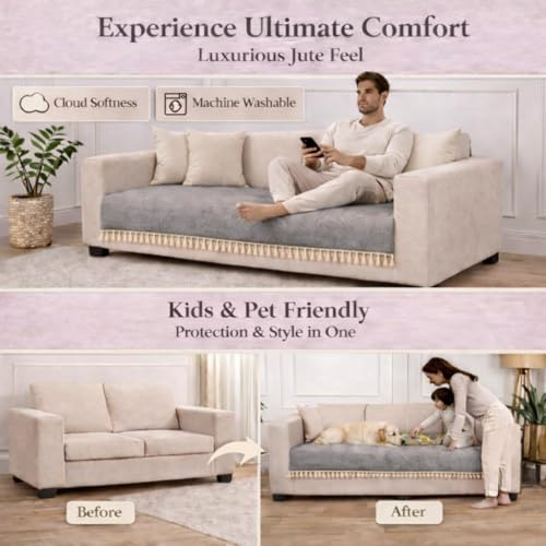 Image of STITCHNEST Jute Sofa Cover - Grey, 24x30 Inch | Soft Textured Fabric with Tassel| Sofa for Living Room Decor
