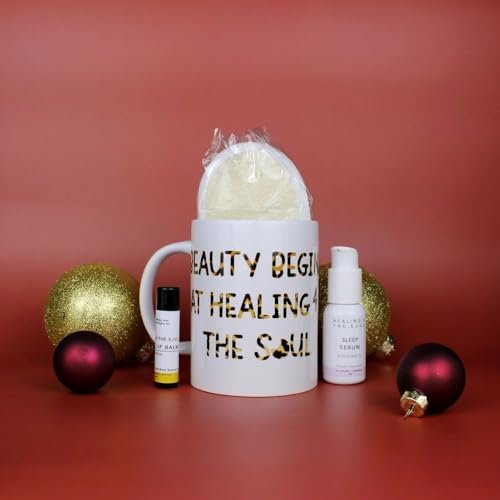 Healing4thesoul Self-Care Gift Set with Personalized Mug, Sleep Serum, Lip Balm and Body Exfoliator, Handmade Wellness Beauty Collection