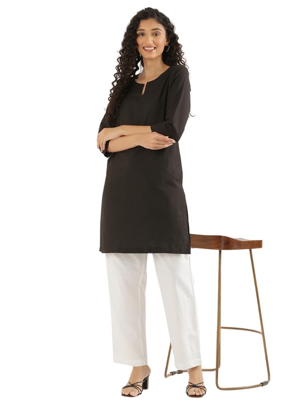 Image of SAADAA Airy Linen Mid Thigh Length Kurta for Women | Stylish Split Neck, 3 /4 Sleeves & Side Pockets | Comfortable Everyday Wear Kurta | Breathable Fabric |