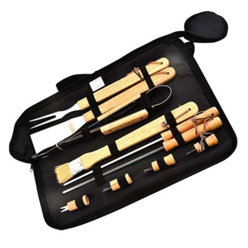 CHILDWEET Juego de Accesorios y Herramientas con Mango de Madera y Metal, Diseño Ergonómico y Bolsa de Transporte para Parrilla Portátil para Barbacoa al Aire Libre