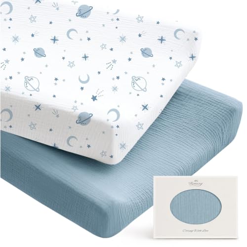 Image of Konssy 100% Cotton Muslin Changing Pad Cover 2 Pack, 32"x16" Standard Fit | Ultra Soft & Breathable, Diaper Changing Table Sheets, Neutral Nursery Design, for Baby Boys Girls (Star,Blue)