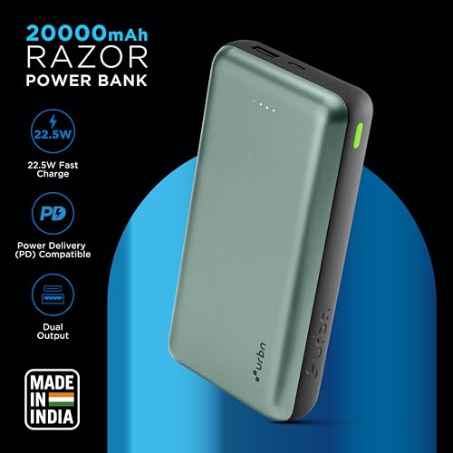 Image of URBN 20000 mAh 22.5W Super Fast Charging Ultra Compact Power Bank with Quick Charge & Power Delivery, Type C Lightning Input /Output, Made in India, Type C Cable Included (Green)