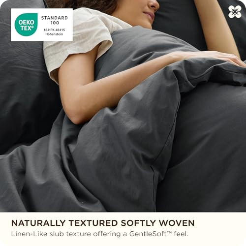 Image of Bedsure Cotton Duvet Cover Queen - Luxury Slub Weave 100% Cotton Duvet Cover Set, PureWoven Bedding Set with a Linen Like Textured, Easy Change, Charcoal, 90 inch x 90 inch