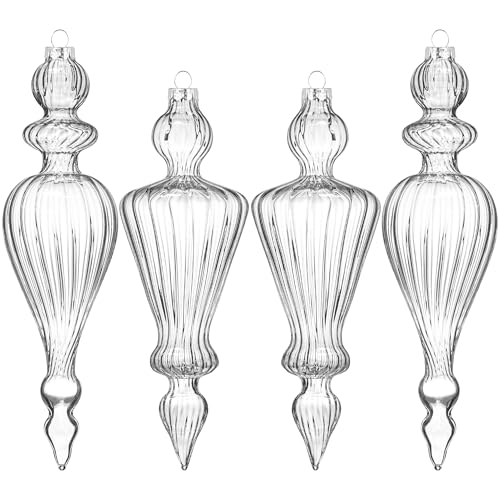 KI Store Mercury Glass Christmas Ornaments Clear Set of 4 Large Hanging Christmas Icicles Finials for Christmas Tree Decoration Holiday Décor