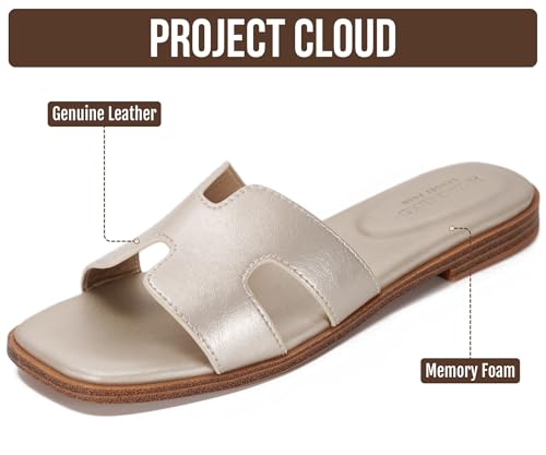 Image of Project Cloud 100% Genuine Leather Sandals for Women 2026 - Fashion Flat Womens Sandals with Memory Foam Insole Slides Sandals Women Footwear - Mules Women's Sandals (Jannel)