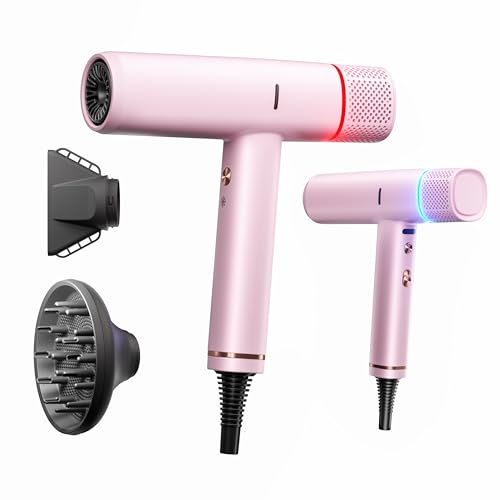 Image of Ionic Hair Dryer with Diffuser and Concentrator, Professional Lightweight Quiet Blow Dryer, Powerful 1600 Watt Motor for Fast Drying and Straight & Wavy Hair, 3 Temps /2 Speeds, 6.56 Ft Cord, Pink