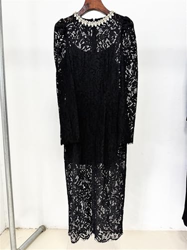 Women's 2025 Designer Lace Dress Beaded Diamond Long Sleeve Round Neck Slim Female Midi Elegant Dresses3