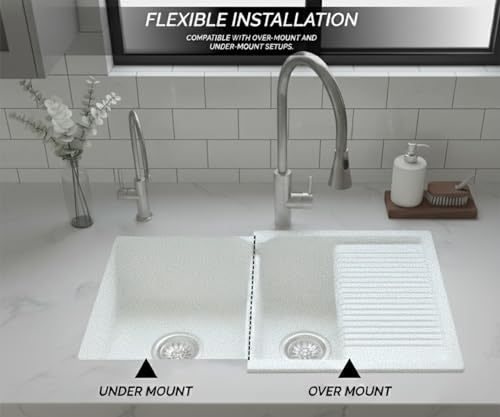 Image of EVANEX Quartz Sink for Kitchen|45x20x9 inch Double Bowl Kitchen Sink with Drain Board|Matt Finish|Sand Pluto Quartz Kitchen Sink with Sink Connector, Waste Pipe, Coupling and Drain Basket