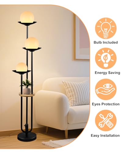 Image of Lightdot Globe Floor Lamp with Shelf 3-Lights Modern Dimmable Floor Lamps 3000K Warm White Bulbs Included Black Tall Standing Lamp with 5Lbs Heavy Base for Living Room /Bedroom /Sofa Beside /Corner Decor