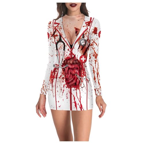 PAIDAXING Disfraces de Halloween para adultos, disfraz de enfermera zombi sangrienta, disfraz de cosplay, vestido ajustado para fiesta de máscaras, actuaciones