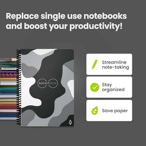 Image of Rocketbook Smart Reusable Notebook - Dot-Grid Eco-Friendly Notebook with 1 Pilot Frixion Pen & 1 Microfiber Cloth Included - Lunar Winter Cover, Camo Notebook, Executive Size (6 inch x 8.8 inch)