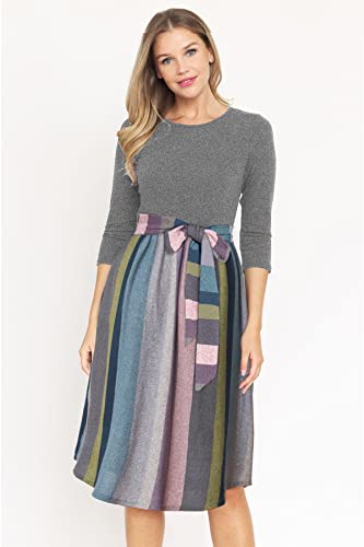Image of Eloges Women's 3 /4 Sleeve Contrast Waist Band Floral Curved Hem Midi Dress