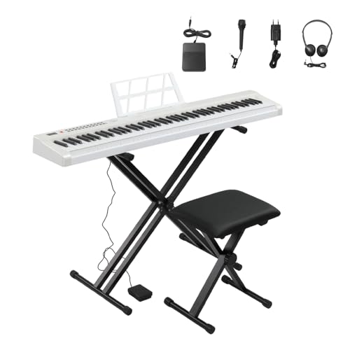 Bonnlo GPP-101 88 Tasten Halb-Gewichtetes Digitalpiano mit Dual-X-Form Ständer, Bluetooth (Audio & MIDI), Kopfhörer, Sustain Pedal und LED-Display, ideal für Anfänger und Fortgeschrittene, Weiß