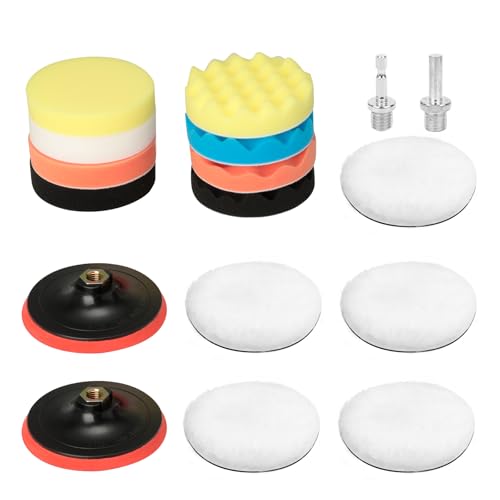 Cozary 17 Pièces Kit de Polissage Voiture 80mm, Polissage Pad Éponge de Polissage Éponge Polir Kit, Pad et Disque avec Adaptateur M14 pour Perceuse - Tampon de...