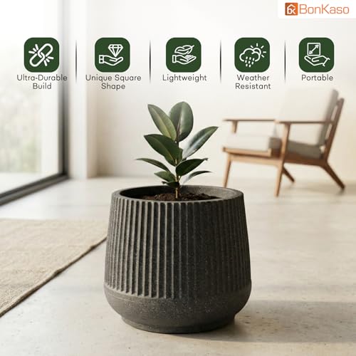 Image of BonKaso 12 Inch Audi Plant Pot for Indoor & Outdoor Use | Heavy Duty Durable Polymer Flower Pot Gamla | Lightweight Modern Planter for Living Room, Balcony, Terrace & Office Decor (Dark Grey)