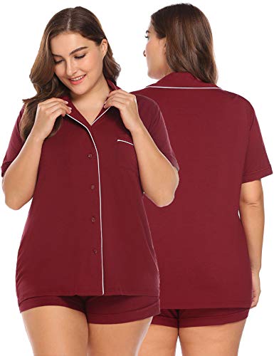 IN'VOLAND Women's Plus Size Pajama Set Short Sleeve Sleepwear Button Down Nightwear Shorts Soft Pj Sets Wine Red - Image 6