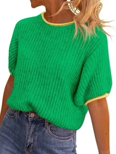 Image of Saodimallsu Womens Puff Short Sleeve Sweater Tops Spring Summer Color Block Ribbed Knit Crew Neck Going Out Shirts