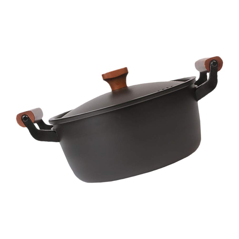 YARNOW 24CM Household Cast Iron Stockpot with Lid Non- stick Cooking Soup Pot Pasta Pot All Stove Compatible Kitchen Cookware (Black)