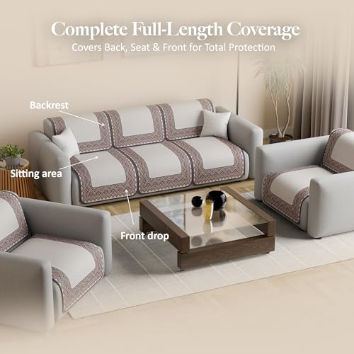 Image of Kuber Industries 5 Seater Sofa Cover | Slipcover for Living Room | Thick & Cozy | Non-Slip Comfort Sofa Cover Set | Paradise Diamond 1372 - Cream & Purple