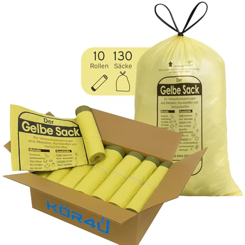 kör4u Gelber Sack mit Zugband - 10 Rollen (130 Stück) 90 Liter Müllsäcke 15 Mikrometer stark reißfest Wertstoffsäcke für Verpackungsmüll