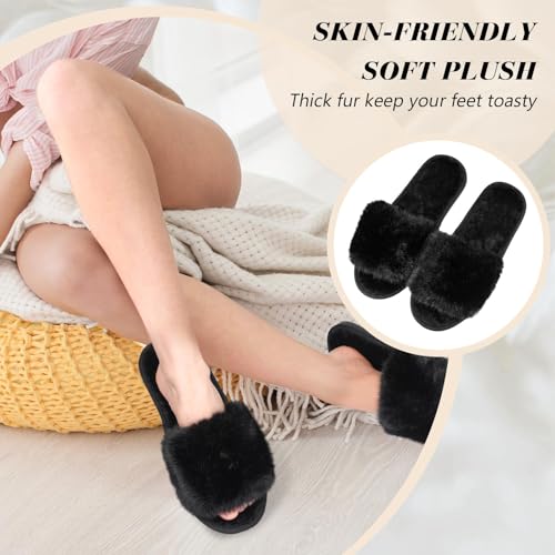 Image of Toulite 6 Pairs Bridesmaid Slippers Bulk, Black White Fuzzy Slippers for Women Fluffy Cozy Open Toe Soft Bride Slipper Wedding Ladies Furry House Shoes