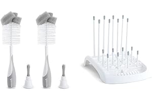 Munchkin Sponge Bottle Brush (Grey, 2-Count) and Fold Baby Bottle Countertop Drying Rack (White)