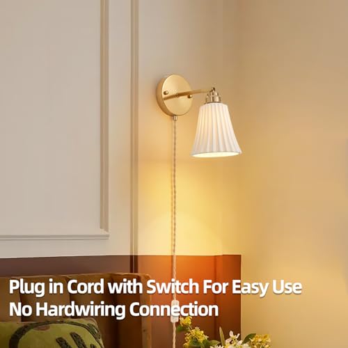 Image of Fetason Plug in Wall Sconces Set of 2, Modern Ceramic Gold Wall Sconce Light with Switch, Vintage Bedside Wall Lamp Light Fixtures for Living Room Bedroom Kitchen Home Office Hallway