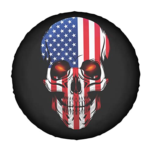 Image of American Flag Skull Patriotic Spare Tire Cover,Universal Wheel Tire Cover for Trailer, RV, SUV, Truck,Camper and Many Vehicle,Weatherproof Tire Protectors（15 inch for Diameter 27 inch-29 inch）
