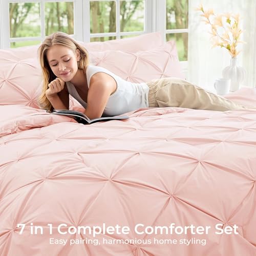 Image of Sasttie King Size Comforter Set, 7-Piece Bed in a Bag, Pintuck Bedding Set for All Season, Includes Comforter, Flat Sheet, Fitted Sheet, Pillowcases and Pillowshams, Blush Pink