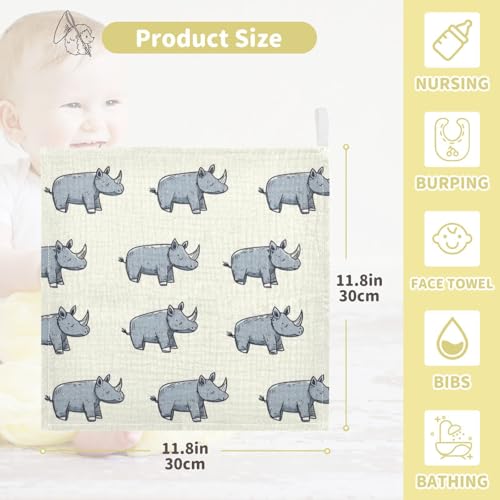 Image of vvfelixl Cartoon Rhino Stick Figure Baby Burp Cloths Baby Muslin Washcloths for Boys Girls Cotton Babys Face Towel for Newborn Infants Soft and Absorbent 11.8 X 11.8 in, 5 Pack