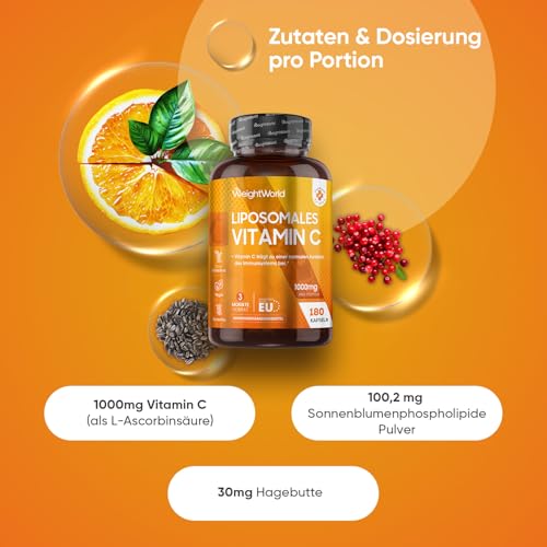Liposomal Vitamin C - 1000 mg Vit C, 100,2 mg Sonnenblumenphospholipide & 30 mg Hagebutte - 180 vegane Kapseln - Vitamin C trägt zur Verringerung von Müdigkeit und Erschöpfung bei (EFSA) - WeightWorld