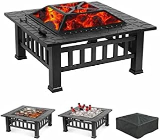 super grills Outdoor Fire Pit BBQ Fire Pit Table with BBQ Grill Shelf, 3 in 1 Square Firepit for Heater,Wood Burner Metal Brazier for Garden Patio Outdoor, with Waterproof Cover (3 in 1 fire pit)