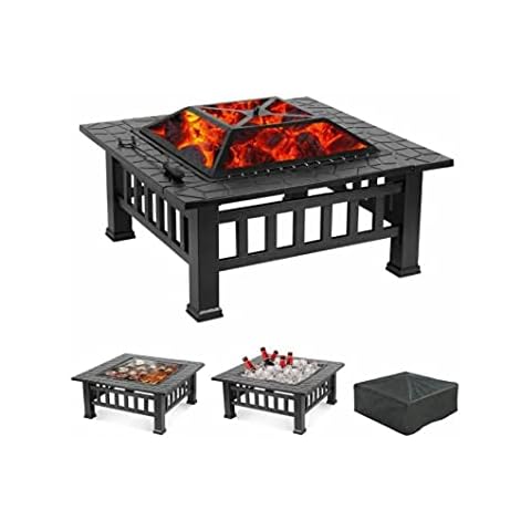 super grills 81CM Outdoor Fire Pit BBQ Fire Pit Table with BBQ Grill Shelf, 3 in 1 Square Firepit for Barbecue, Heater, Ice Pit, Metal Brazier for Garden Patio Outdoor, with Waterproof Cover Cover