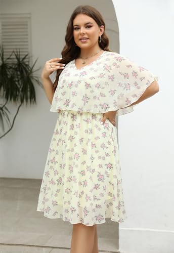 Image of Keluummi Plus Size Wedding Guest Dress for Curvy Women, Boho Floral Empire Waist Midi with Sleeve