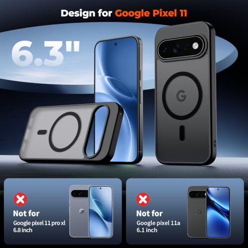 Image of SUPFINE Magnetic for Google Pixel 11 Case - Black | With Screen Protector,Translucent Matte,Built-in Magnets,Military Grade Drop Protection,Shockproof Phone Cover