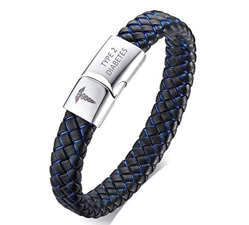 XUANPAI Pulsera trenzada tipo 2 hecha a mano con cierre magnético, de piel, de emergencia, alerta médica, para hombre, 11.6*210mm, Acero inoxidable