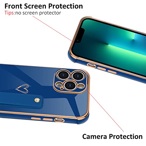 Teaught Case For Iphone 13 Pro Max Soft Tpu Heart Plating With Adjustable Wristband Kickstand Anti-Scratch Shockproof Protective Slim Thin Cover For Women Girls Men-Blue #TOP3