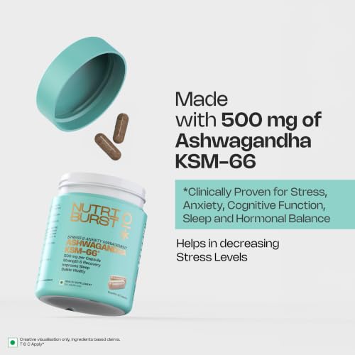 Image of Nutriburst Ashwagandha KSM-66 (500mg) | Extra Strength Ashwagandha Supplement for Men & Women | Supports Stress Relief, Stamina, Anxiety & Sleep | Muscle Recovery & Vitality Booster | 60 Veg Capsules (2 - Month Pack)