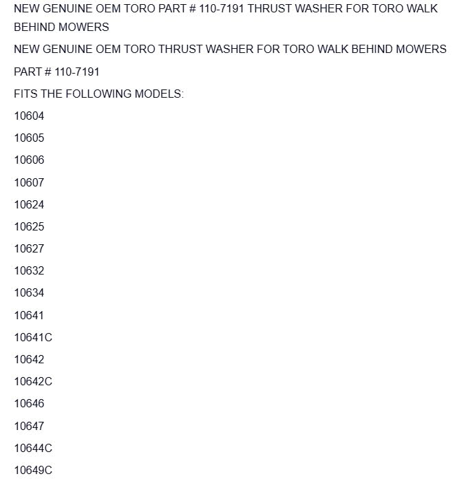 Replacement for Toro Genuine Part # 110-7191 Thrust Washer for Walk Behind MOWERS OEM