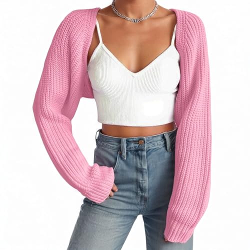 Fuimsul Women Open Front Ribbed Knit Crop Bolero Drop Shoulder Long Sleeve Solid Loose Fit Knitted Crop Cardigan Shrug Pink