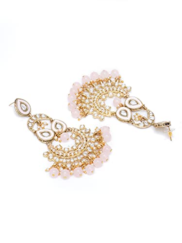 Image of Karatcart Gold Plated Pink Meena Lotus Design Kundan Dangler Earrings for Women (color may slightly vary due to photographic effect)