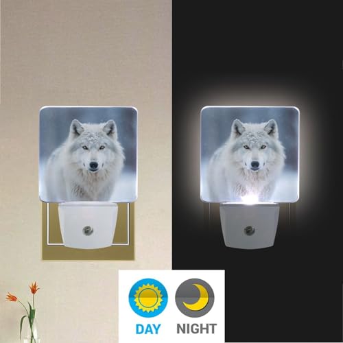 Image of Grey White Wolf Night Lights 2 Pack Plug-in Wall Led Nightlight Auto Dusk-to-Dawn Sensor Lamps for Bedroom Kitchen Bathroom