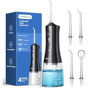 Operan Munddusche Kabellos, Tragbar Elektrische Zahnreiniger 4 Modi & 4 Düsen, 300ML Zahndusche Oral Munddusche Testsieger Tragbare Zahndusche für Reinigt Die Zähne (Tiefschwarz)