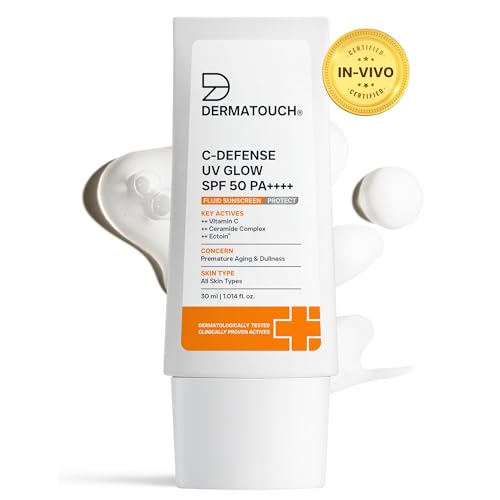 Image of DERMATOUCH C-Defense SPF 50 PA++++ Fluid Sunscreen with Vitamin C & Ceramides | Broad Spectrum | For Premature Aging, Dullness & Sunburn | Zero White Cast | Lightweight Daily Sunscreen | In-Vivo & In-Vitro Tested | 30ml