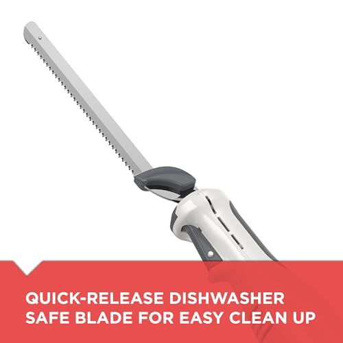 Image of BLACK+DECKER 9 inch Electric Carving Knife, Comfort Grip Handle & Safety Lock Button, Stainless Steel Blades and Dishwasher Safe Parts, Corded, White