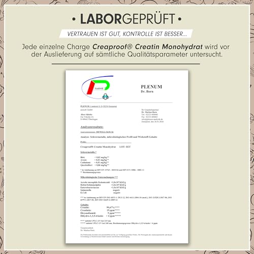 CREAPROOF® Creatin Monohydrat 1000g - Creatin mit erstklassiger Reinheit, durch unabhängige Laboranalysen bestätigt - Kreatin-Monohydrat mit 3 g Creatin pro Portion - 100% vegan - Vorrat für 292 Tage 5