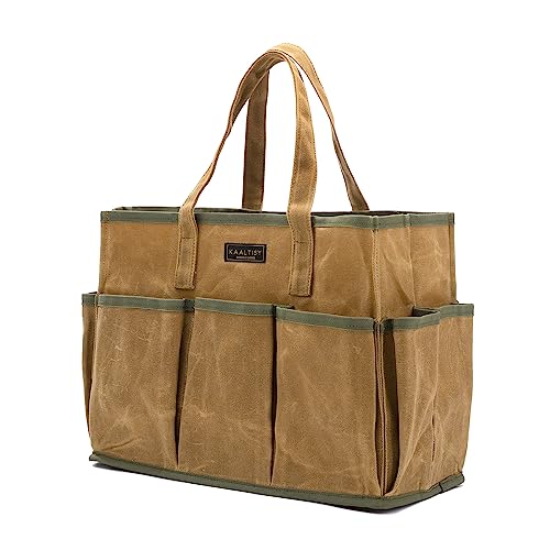 Tool Bag | 16OZ Waxed Canvas Tool Tote Bag, 1 Large Capacity Tool Storage Bag + 10 External Slots, Multi-Purpose Reusable Tool Carrier for Gardening Set Carpentry Tools - Khaki