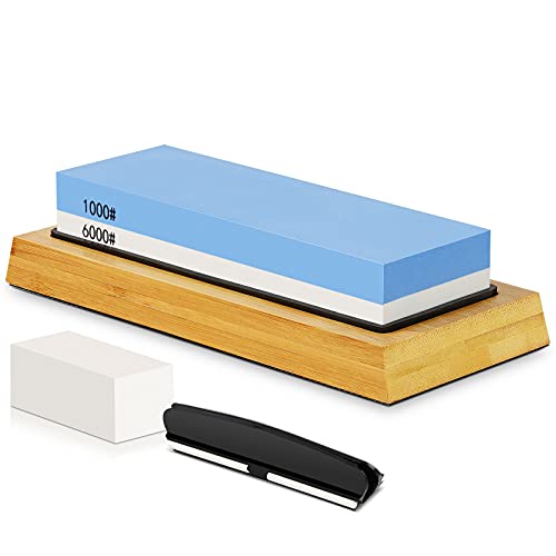 Sharp Pebble Whetstone Knife Sharpening Stone Set 2 Side Grit 1000/6000 Waterstone Flattening Stone Wet Stone Sharpening Kit Knife Sharpener with Non Slip Bamboo Base, Correction stone & Angle Guide
